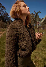 Load image into Gallery viewer, Sybil Chevron Faux Fur Bomber - Moss
