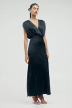 Load image into Gallery viewer, Satin Cross Over Gather Dress - Black
